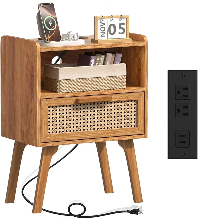 Lerliuo Rattan Nightstand with Charging Station, Side Table with Drawer by Lerliuo