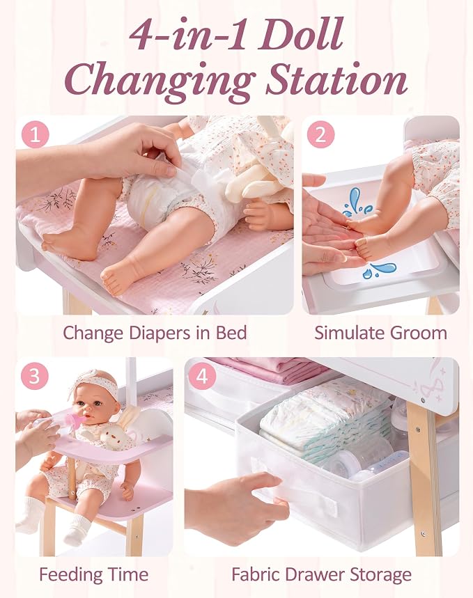 ROBOTIME 18 Inch Doll Changing Table, Wooden Baby Doll Bed - Image 5