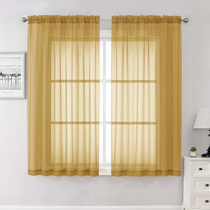Gold Sheer Curtains 63 Inch Length 2 Panels, Rod Pockets Window Treatments by Lecloud