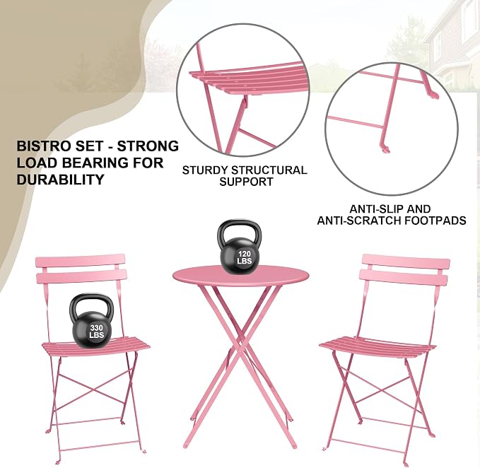 3-Piece Folding Bistro Set Outdoor Patio Furniture, Space-Saving Foldable - Image 8