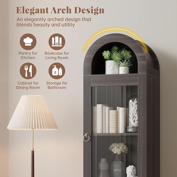 71" Tall Arched Cabinet with Acrylic Door, Modern Curio Arched Bookcase with - Image 3