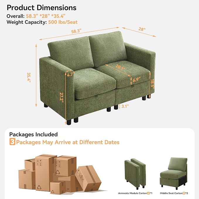 WUTUTUEE 58”Modular Sectional Loveseat Sofa, Modern Love Seat 2 Seater Sofa - Image 2