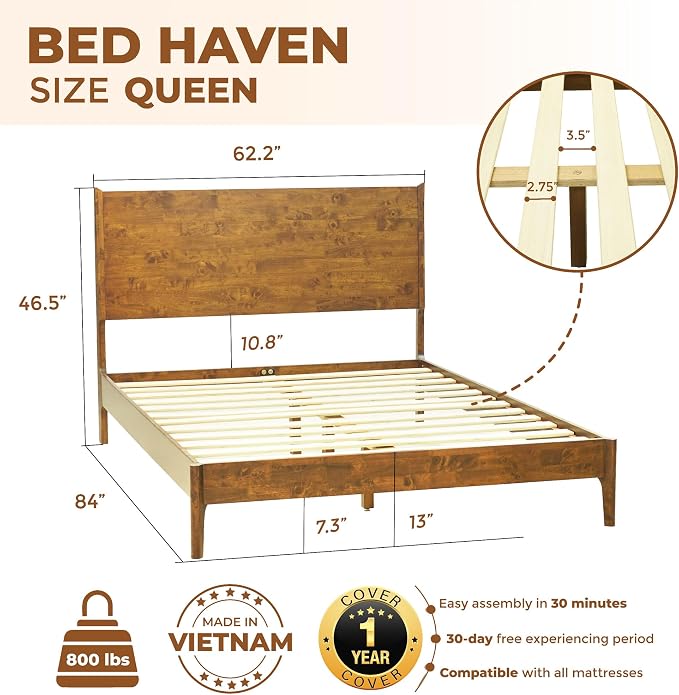 Acacia Haven Queen Bed Frame and Headboard, Platform Bed Frame Scandinavian - Image 2