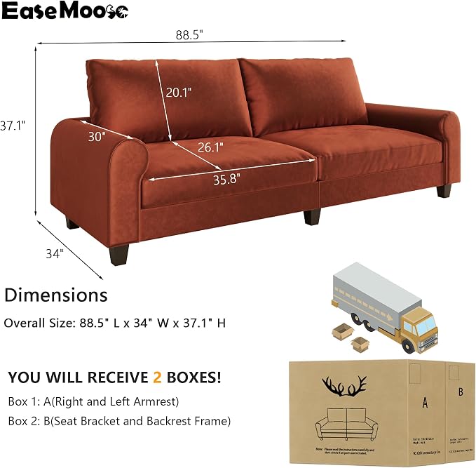 EASE MOOSE 88.5" Large Seat Velvet Loveseat Sofa, Modern Deep Seat Couches - Image 2