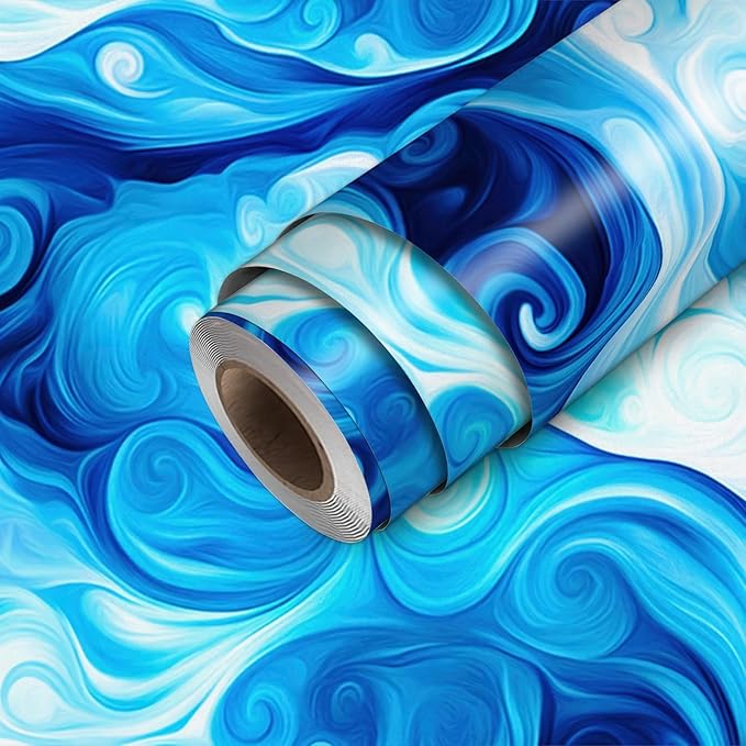 HOMETITUTE Artistic Blue Swirl Wave Pattern Wallpaper Peel and Stick Contact by HOMETITUTE