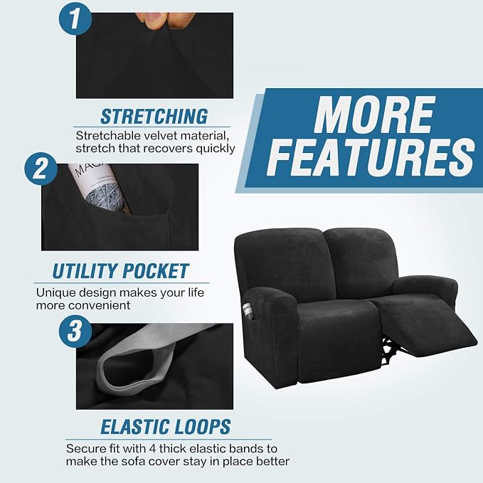 H.VERSAILTEX Velvet Stretch Recliner Couch Covers 6-Pieces Recliner Loveseat - Image 4