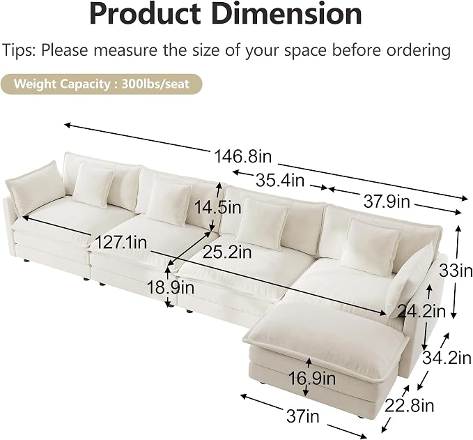 mikibama Modular Sectional Sofa, 146.5 Inch L Shaped Couch Set - Image 2
