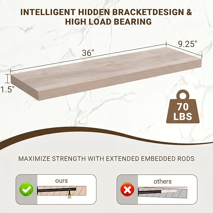 Acovy 36 Inch Floating Shelves, 3D Textured Wood Grain, Wooden Shelves - Image 3
