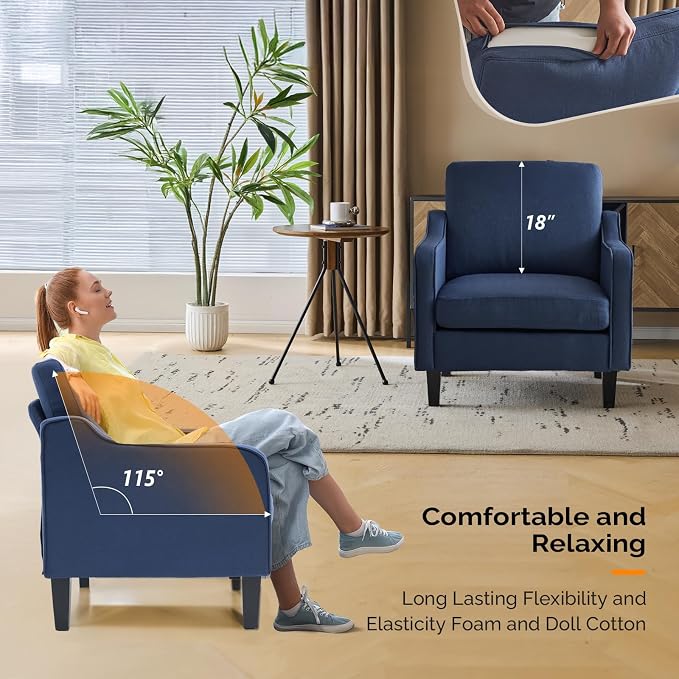 VINGLI Navy Blue Accent Chairs for Living Room, Line Comfy Upholstered Chair - Image 5