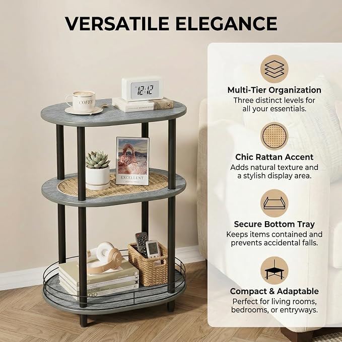 3 Tier Round Side Table with Storage, Oval End Table with Rattan Shelf & Metal - Image 3