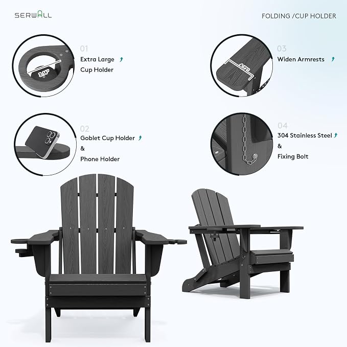 SERWALL Foldable Adirondack Chair Set of 2, HDPE Adirondack Chair - Image 5