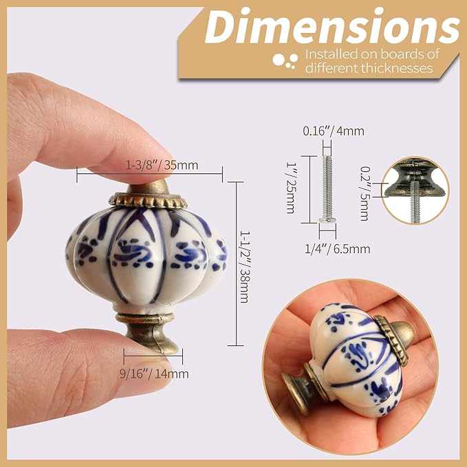 Ivory & Deep Blue Pumpkin Knobs 6 Pack Ceramic Cabinet Knobs Vintage Drawer - Image 4