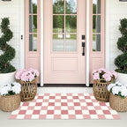 Front Door Mat Indoor Entrance, 2x4.3 Cute Pink White Checkered Rug | Non-Slip - Image 3