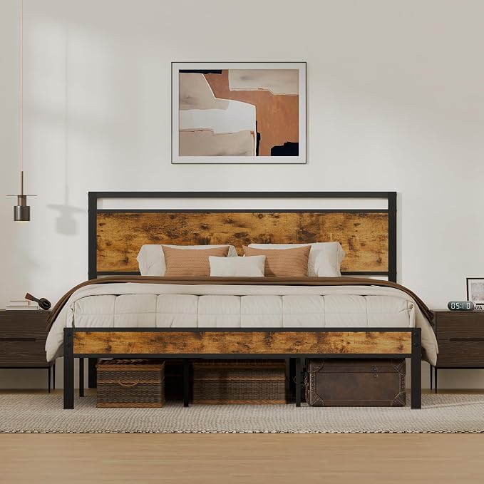 King Metal Bed Frame with Wooden Headboard and Footboard, Heavy Duty Platform by Z-HOM