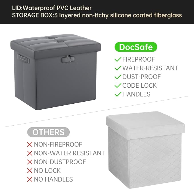 DocSafe Storage Ottoman with Lock, Fireproof Folding Ottoman Foot Rest Stool - Image 9