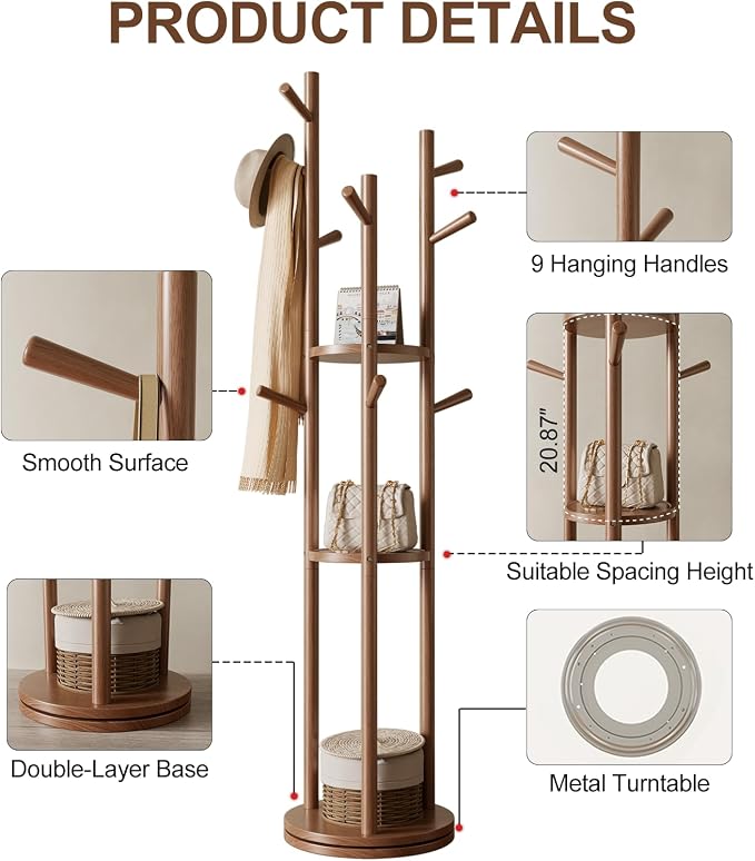 Muwuele Solid Wood Rotary Coat Rack, Freestanding Coat Rack - Image 5