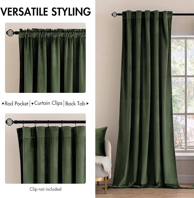 MIULEE Velvet Curtains 52x90 inches 2 Panels Olive Green Blackout Curtains | - Image 2