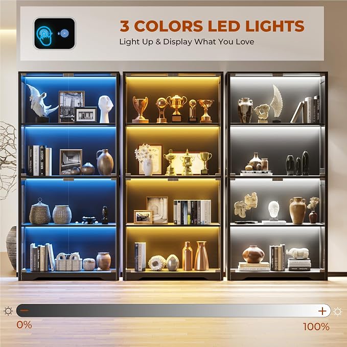 Display Cabinet with Glass Doors, Curio Cabinet with 3 LED Lights and Human - Image 9