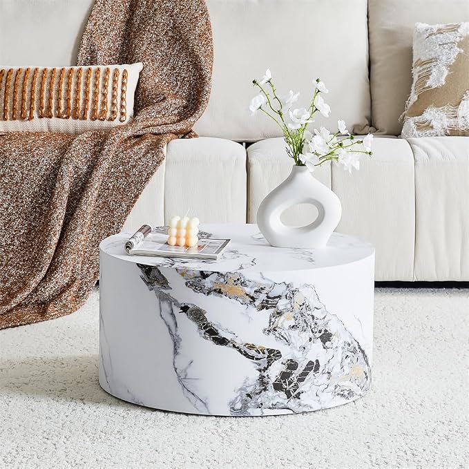 Round Coffee Table Living Room Table, Modern White Faux Marble Center Couch by BAOPIN