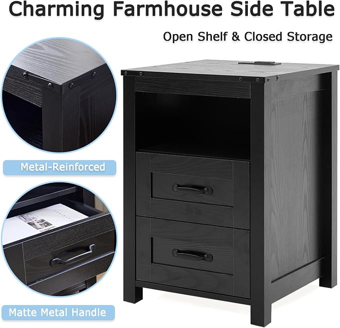 Black Night Stand Set of 2, Rustic End Table - Image 7