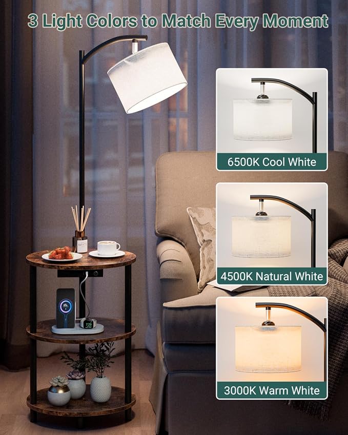 Round Side Table with Lamp and USB Ports, 3-Tier Small End Table - Image 4
