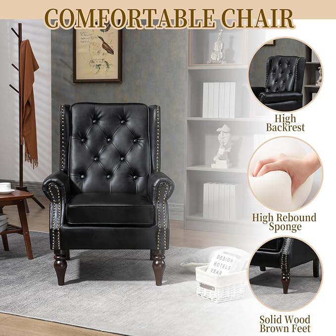 Mid-Century Wingback Chairs Set of 2, Faux Leather Accent Chairs Armchair - Image 5