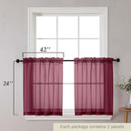 Kitchen Curtains 24 Inch Length Tier 2 Pieces, Burgundy Sheer Curtain Solid - Image 2