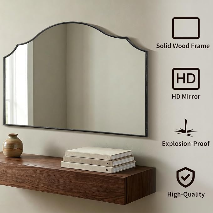 Besdomus Oversized Scalloped Black Mirror: 54"x34" Modern Minimalist Wood Frame - Image 2