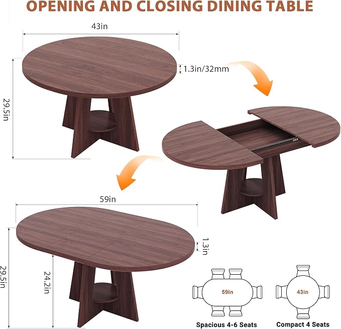 43''–59'' Extendable Dining Table, Round Kitchen Dining Room Dinner Table - Image 2