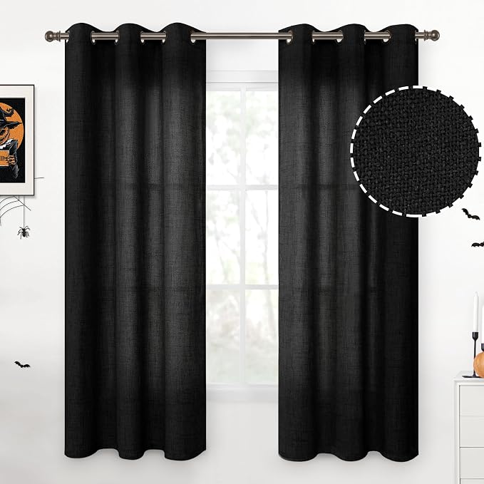 YoungsTex Black Linen Semi Sheer Curtains 42 x 63 Inch Length 2 Panels | Light by YoungsTex