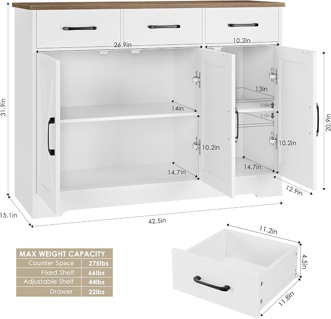 HOSTACK Modern Farmhouse Sideboard Buffet Cabinet, Barn Doors Buffet Storage - Image 3