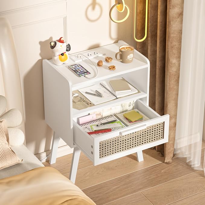 Lerliuo Rattan Nightstand with Charging Station, Cane Accent Side End Table - Image 2