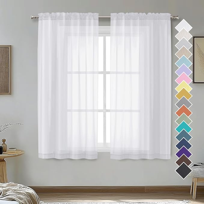 2 Panels Sheer White Curtains 54 Inches Length Window Treatment by OVZME
