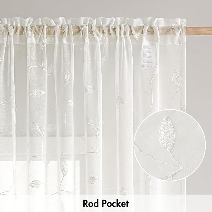 MIULEE Ivory Sheer Curtains 2 Panels Embroidered Leaf Patterned, W52 x L54 | - Image 6