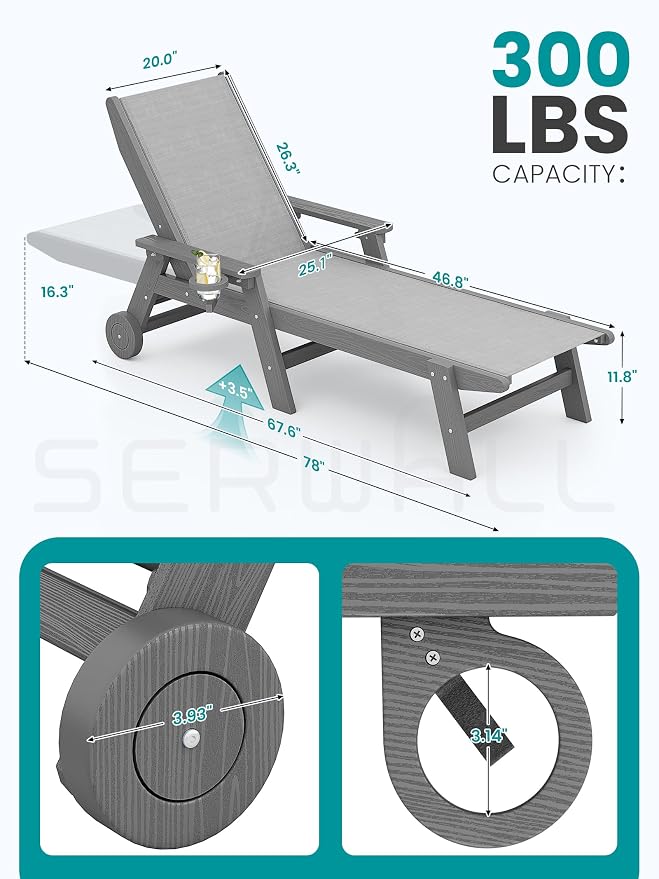 SERWALL Textilene Patio Chaise Lounge Chair, 5 Positions Adjustable Outdoor - Image 3