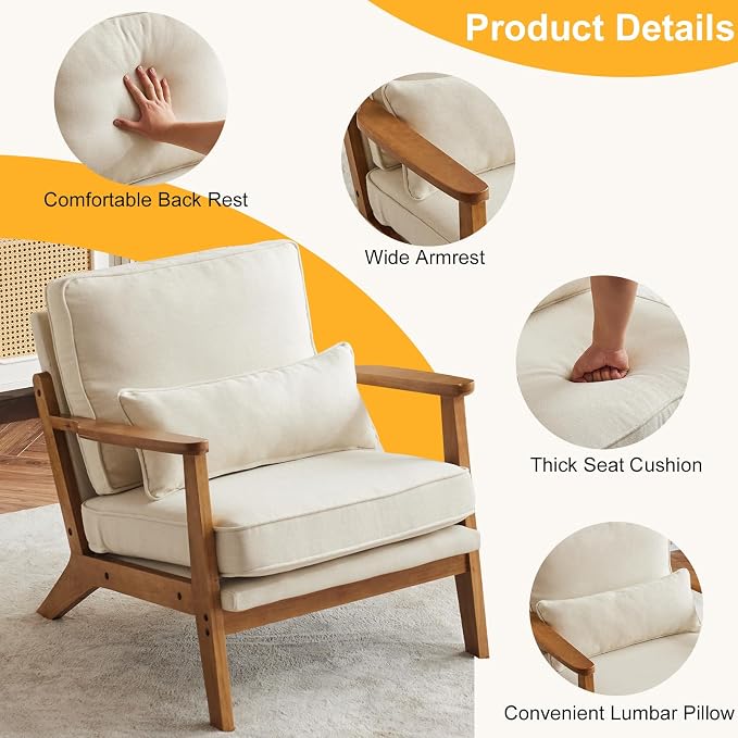 Karl home Accent Chair Wide Armrest Mid-Century Lounge Chair Linen Fabric - Image 3