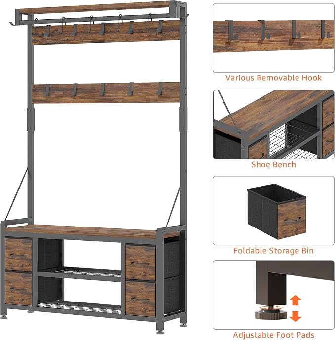 39" Hall Tree with Storage Coat Rack freestanding Entryway Furniture Bench - Image 6