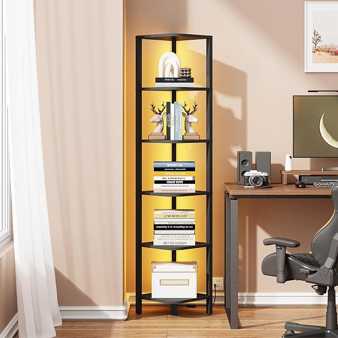 TUTOTAK Corner Shelf with LED Light, 6-Tier Corner Bookshelf - Image 6