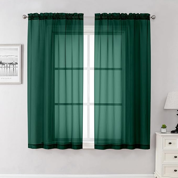 Hunter Green Sheer Curtains 63 Inch Length 2 Panels Set, Voile Solid Window by Lecloud