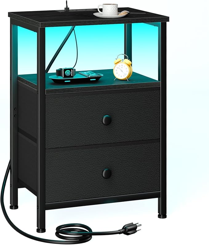 LOAKEKEL LED Night Stand with Charging Station, Small Bedside Table with USB by LOAKEKEL