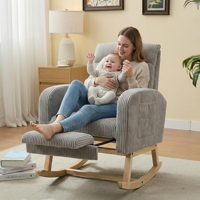 NIOIIKIT Nursery Rocking Chair, Corduroy Upholstered Rocking Chair - Image 3
