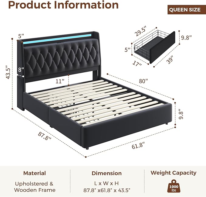 Queen LED Velvet Bed Frame - Image 2