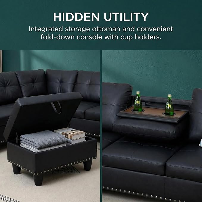 97.5" L Shaped Couch Set Leather, Modular Sectional Couches - Image 5