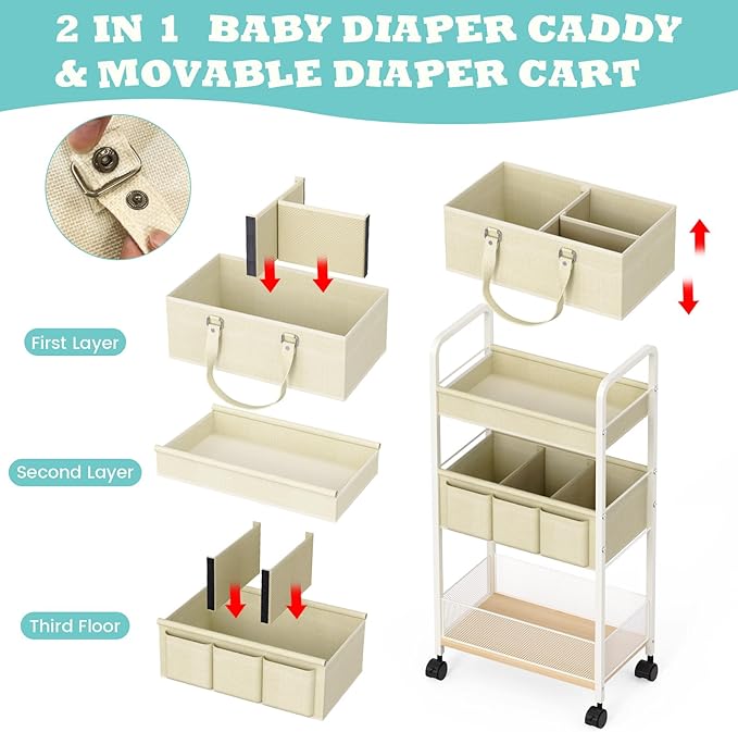 2In1 Baby Diaper Caddy & 3-Tier Rolling Cart, Diaper Caddy Organizer Carts - Image 3