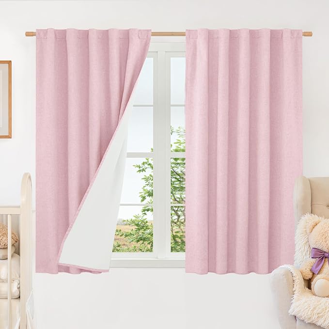 Pink Linen 100% Blackout Window Curtains 45 Inch by LAMIT