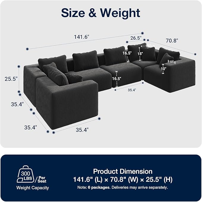 Avenco 141” 6-Seat Modular Sectional Sofa Couch, Individually Wrapped Coil - Image 2