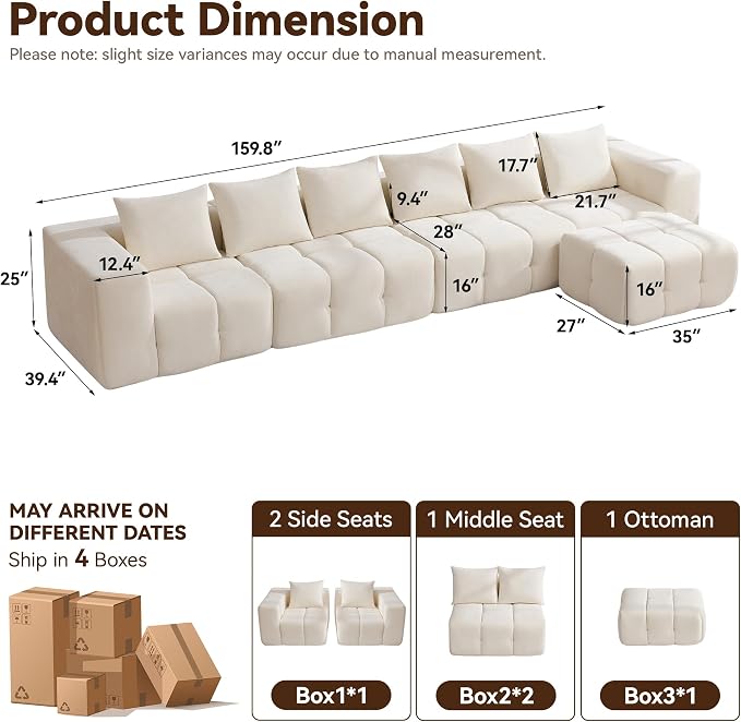 160" Boneless Couch, Oversized Cloud L Shaped Couch, Modular Sectional Sofa - Image 2