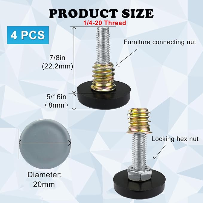 1/4" Thread Leveling Feet PTFE Bottom, Adjustable Furniture Feet Threaded Screw - Image 3