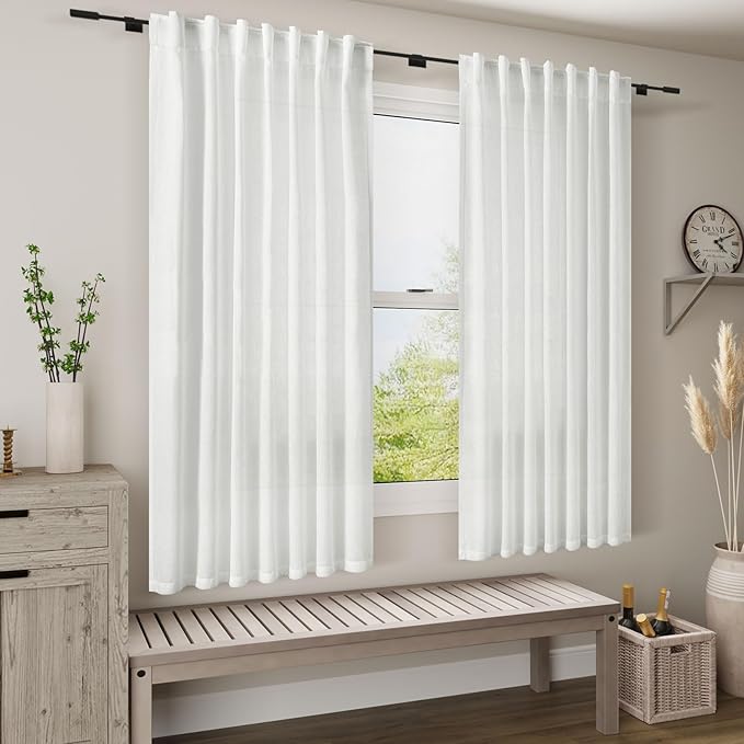 White Linen Curtains for Living Room 62 Inch Length Neutral Modern Farmhouse - Image 7