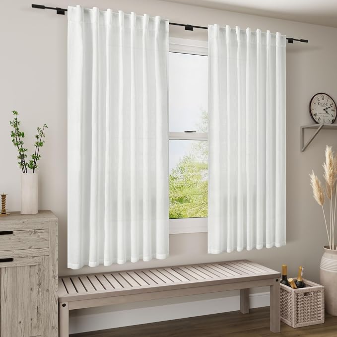 White Linen Curtains for Bedroom Back Tab Light Filtering Privacy Sheer - Image 7